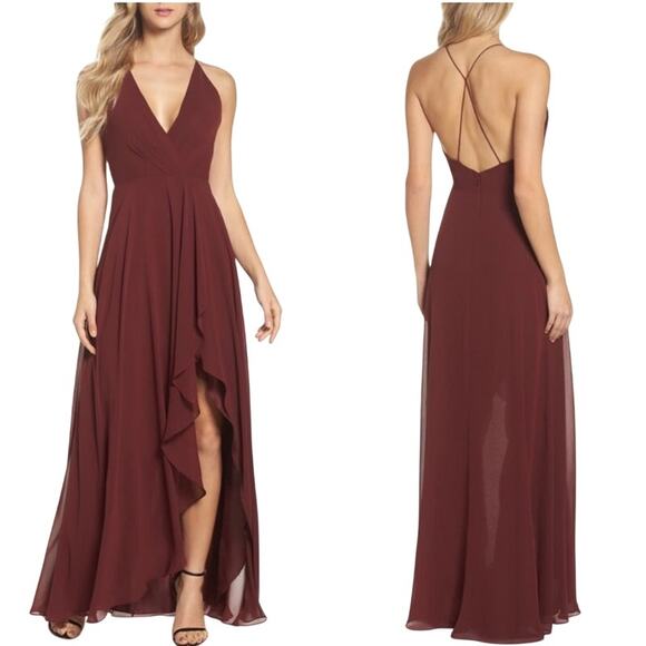 Jenny Yoo BHLDN Farrah Gown Ruffle Skirt Front Slit Chiffon Hibiscus Red NEW 4 - Picture 2 of 12